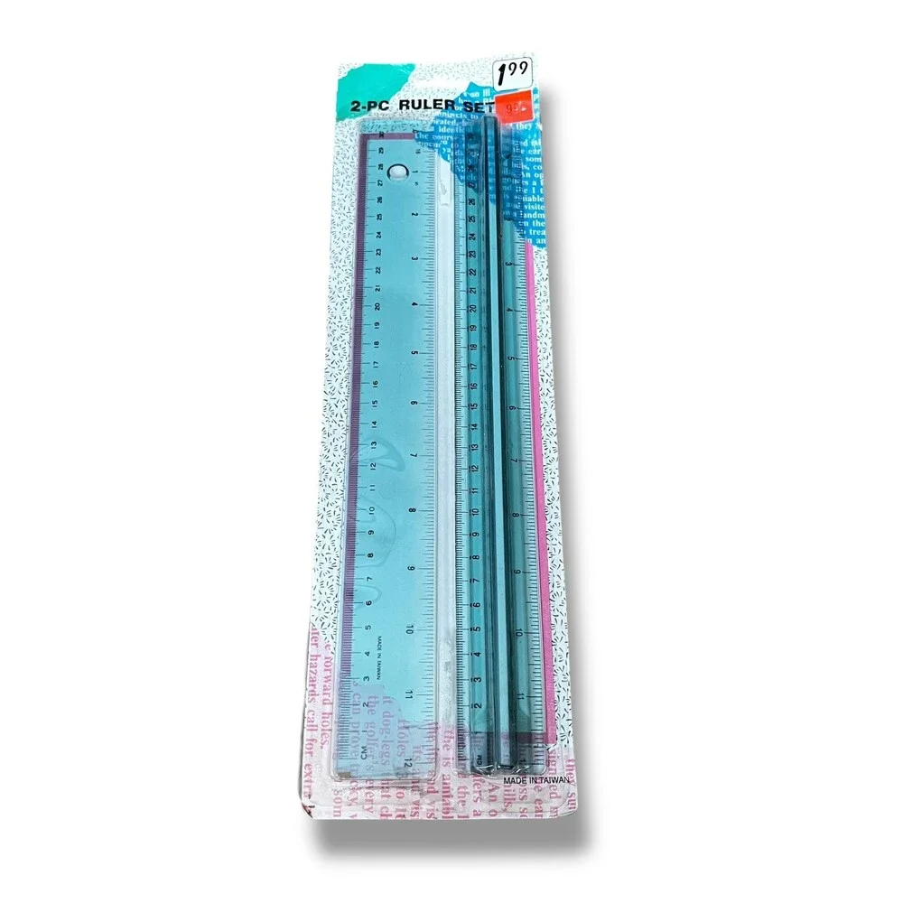 VTG 2pc Clear Blue Plastic Ruler Set 12” School Supplies 80s 90s New Sealed NOS